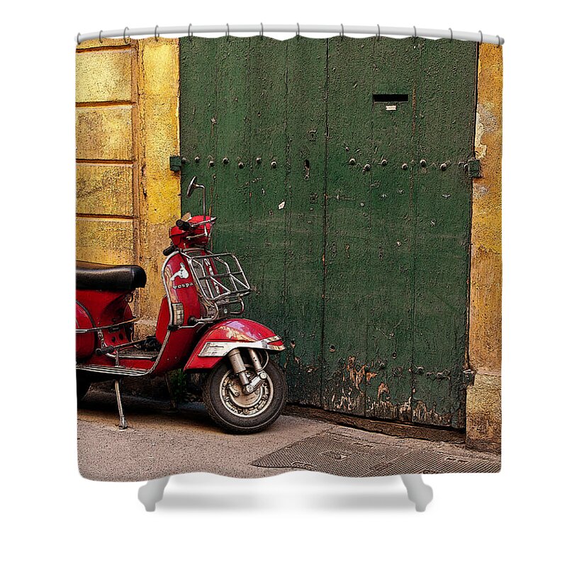 Red Vespa Shower Curtain featuring the photograph Time For A Ride - Aix-en-Provence, France by Denise Strahm