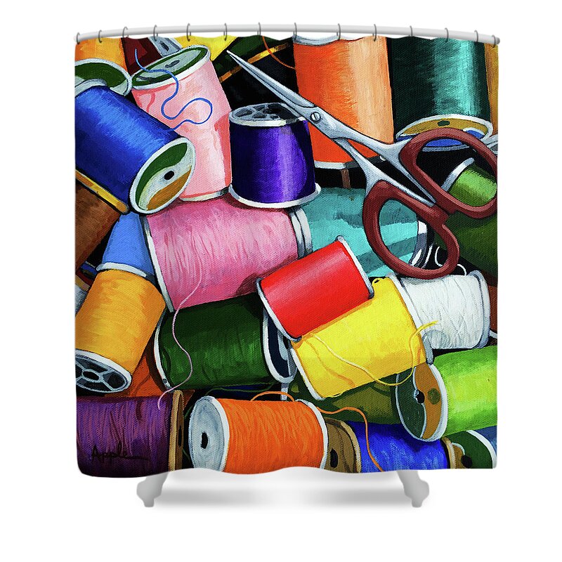 Sewing Thread Shower Curtain featuring the painting Time to Sew - colorful threads by Linda Apple
