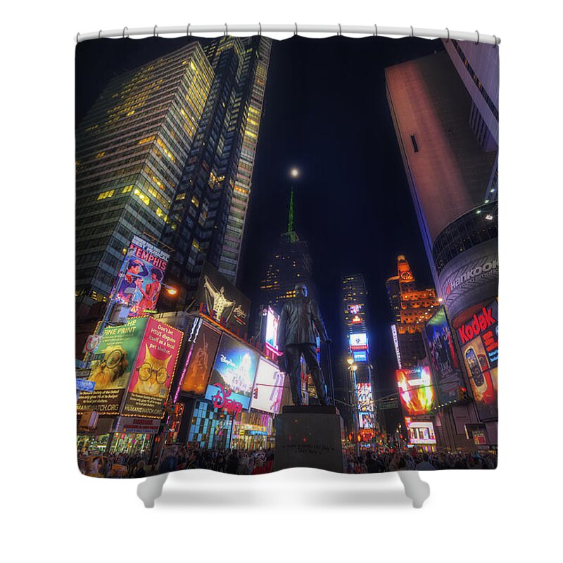 Art Shower Curtain featuring the photograph Times Square Moonlight by Yhun Suarez
