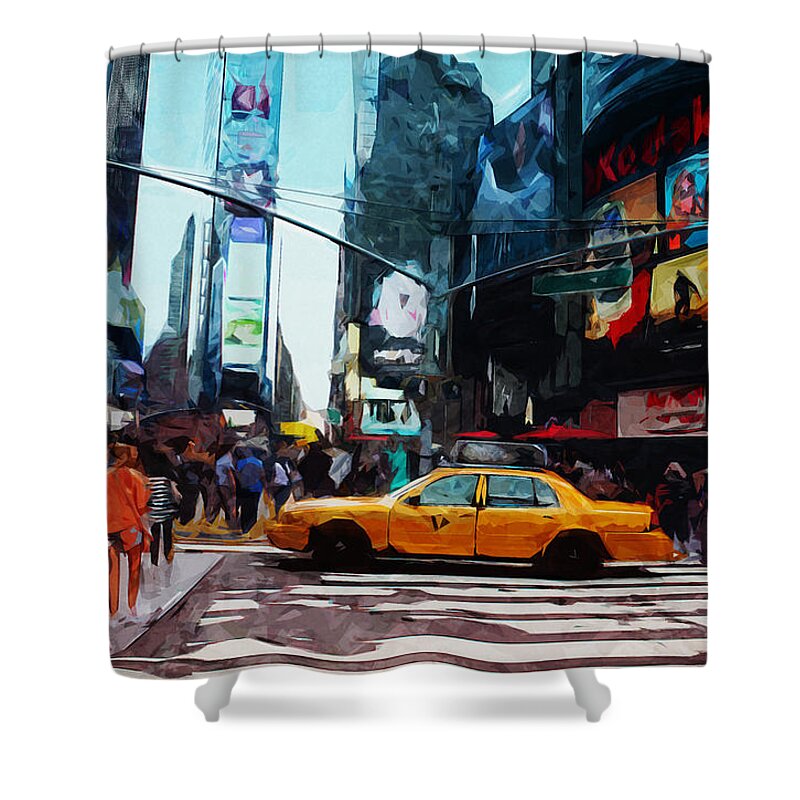 Times Square Shower Curtain featuring the digital art Times Square Taxi- Art by Linda Woods by Linda Woods