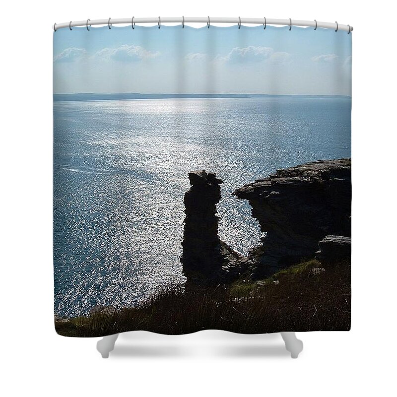 Tintagel Shower Curtain featuring the photograph Rock Stack Tintagel Cornwall by Richard Brookes