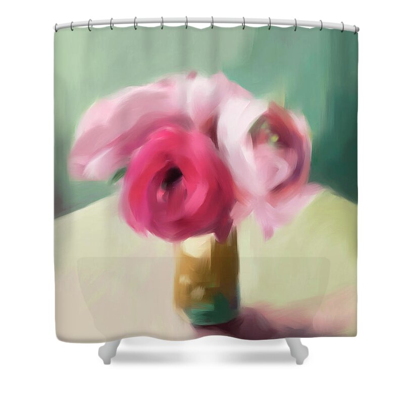 Floral Shower Curtain featuring the painting Tiny Pink Ranunculus Floral Art by Beverly Brown