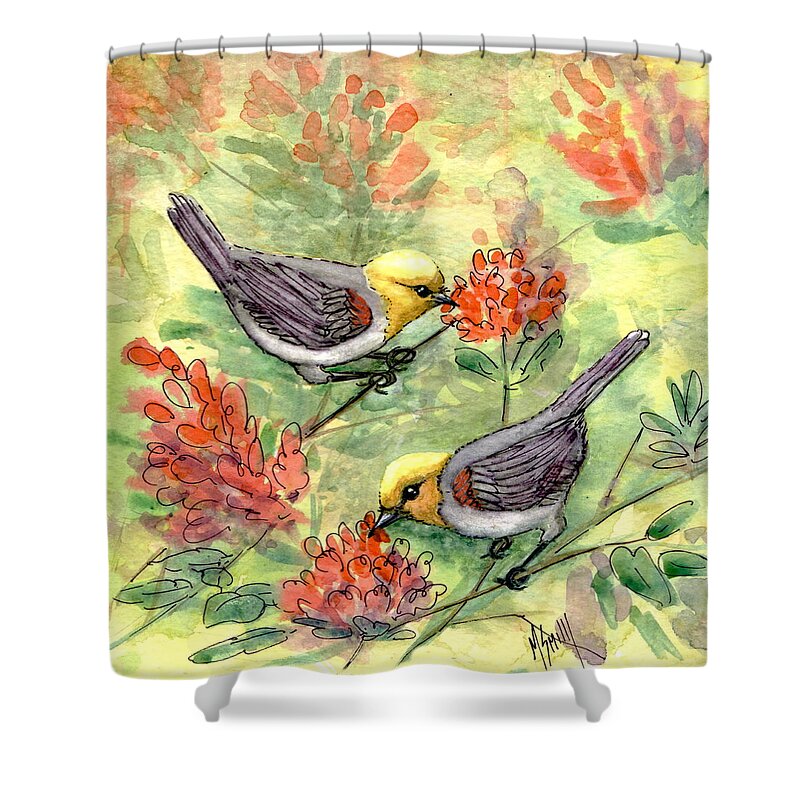 Tiny Birds Shower Curtain featuring the painting Tiny Verdin In Honeysuckle by Marilyn Smith