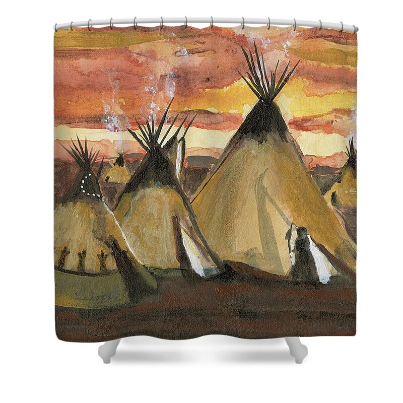 Tepee Shower Curtain featuring the painting Tepee Village by Sheila Johns