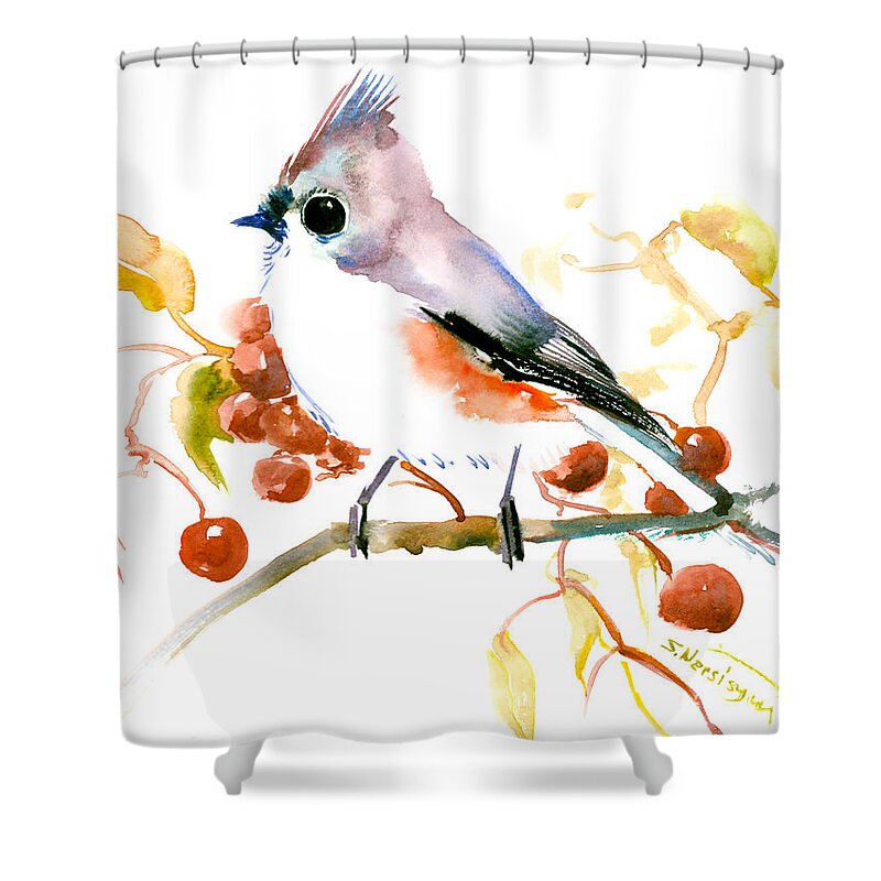 Titmouse Art Shower Curtain featuring the painting Titmouse by Suren Nersisyan