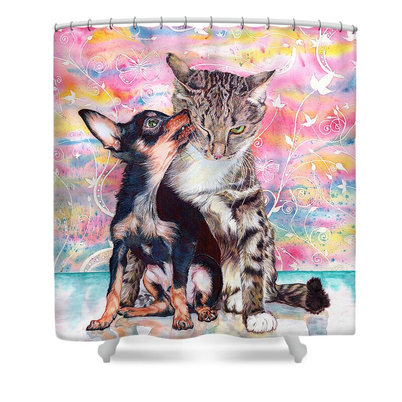 Dog Chihuahua Festival Fiesta Cat Feline Wild Cat Tabby Pet Animal Realistic Magic Magical Realism Hyperrealism Portrait Shower Curtain featuring the painting Tito and the Fonz by Xavier Francois Hussenet