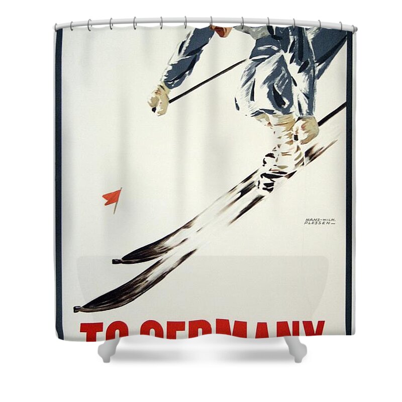 Germany Shower Curtain featuring the mixed media To Germany for Winter Sports - Retro travel Poster - Vintage Poster - Ski Poster by Studio Grafiikka