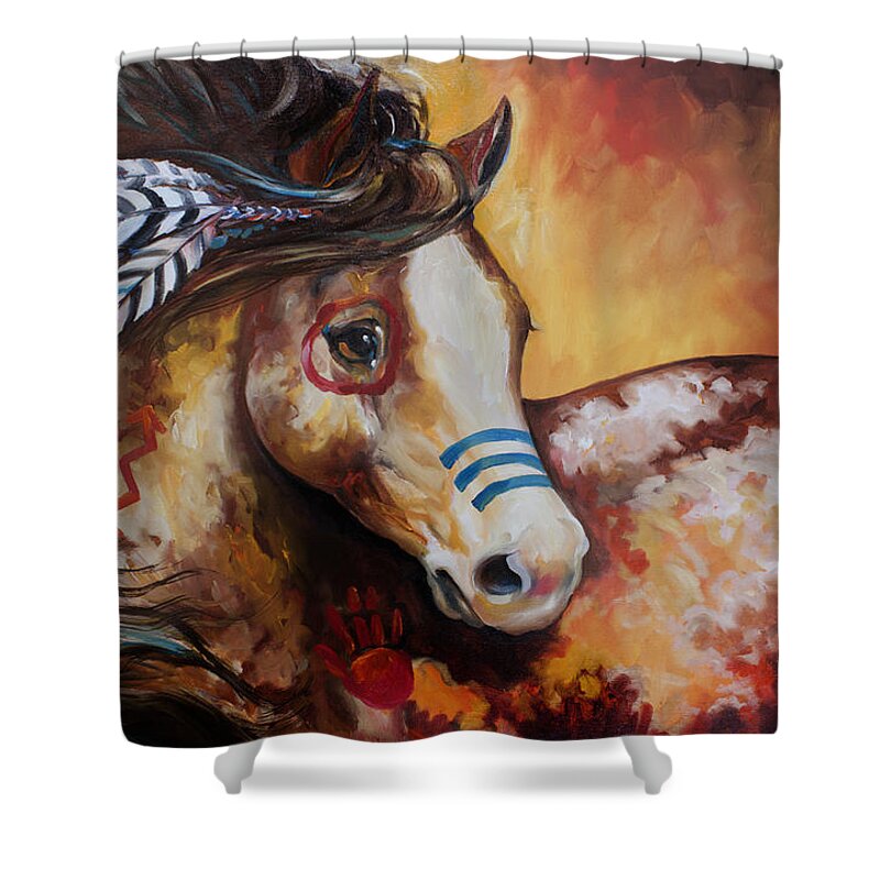 Horse Shower Curtain featuring the painting Tobiano Indian War Horse by Marcia Baldwin