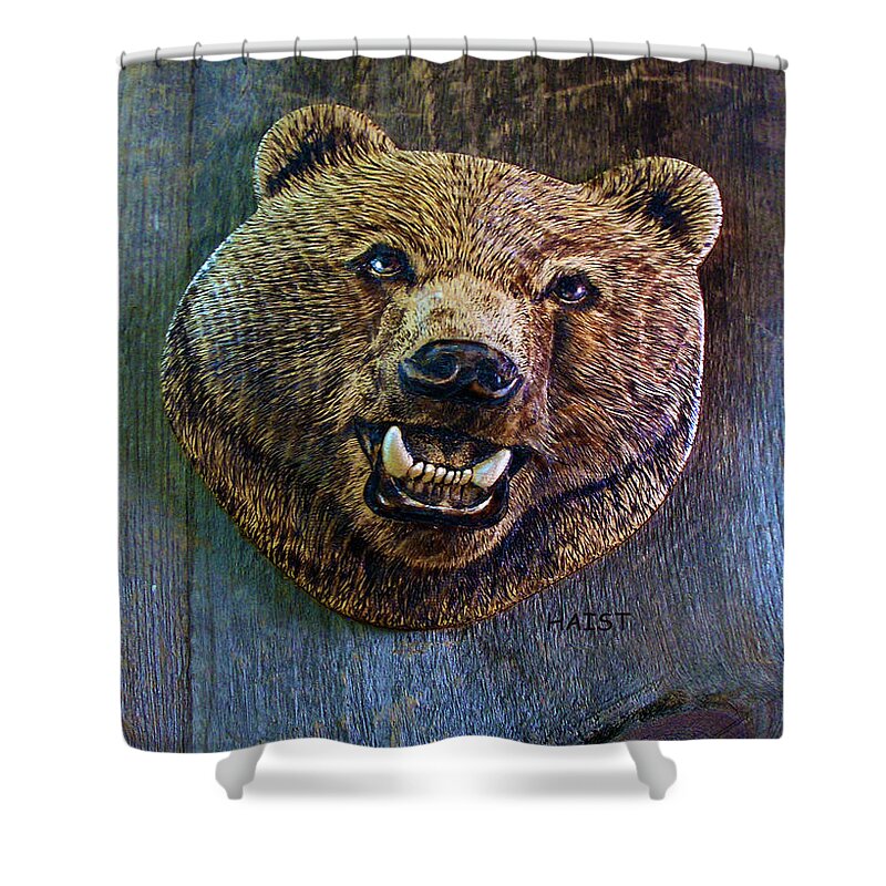 Bear Shower Curtain featuring the pyrography Together Again by Ron Haist