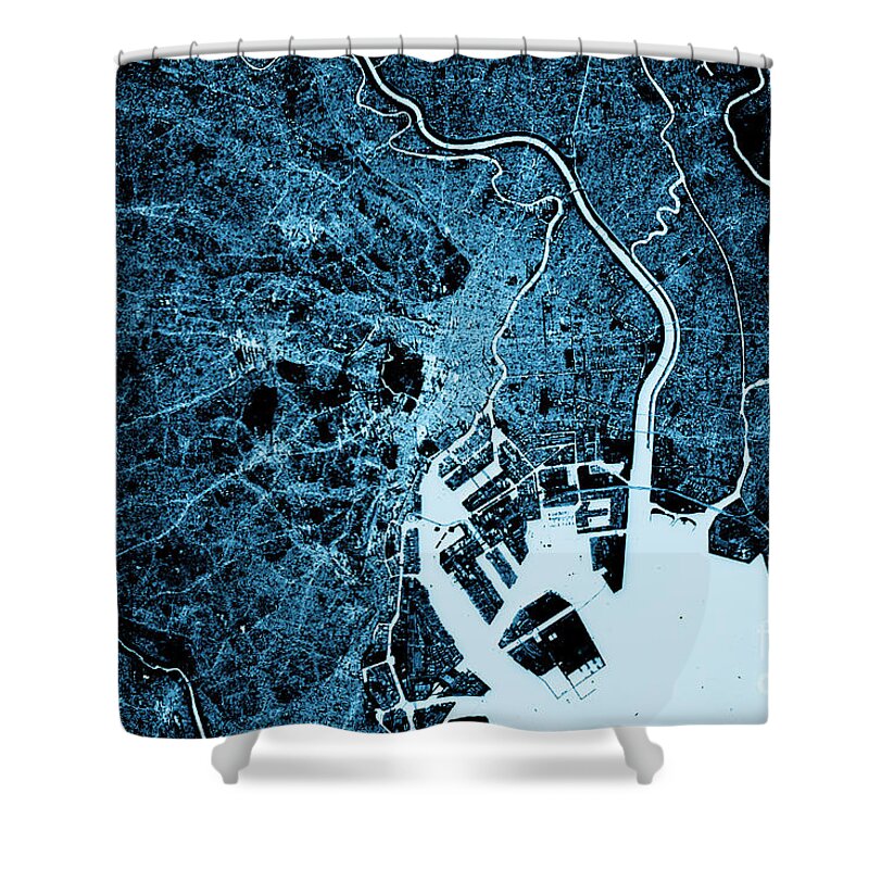 Tokyo Shower Curtain featuring the digital art Tokyo Abstract City Map Top View Dark by Frank Ramspott