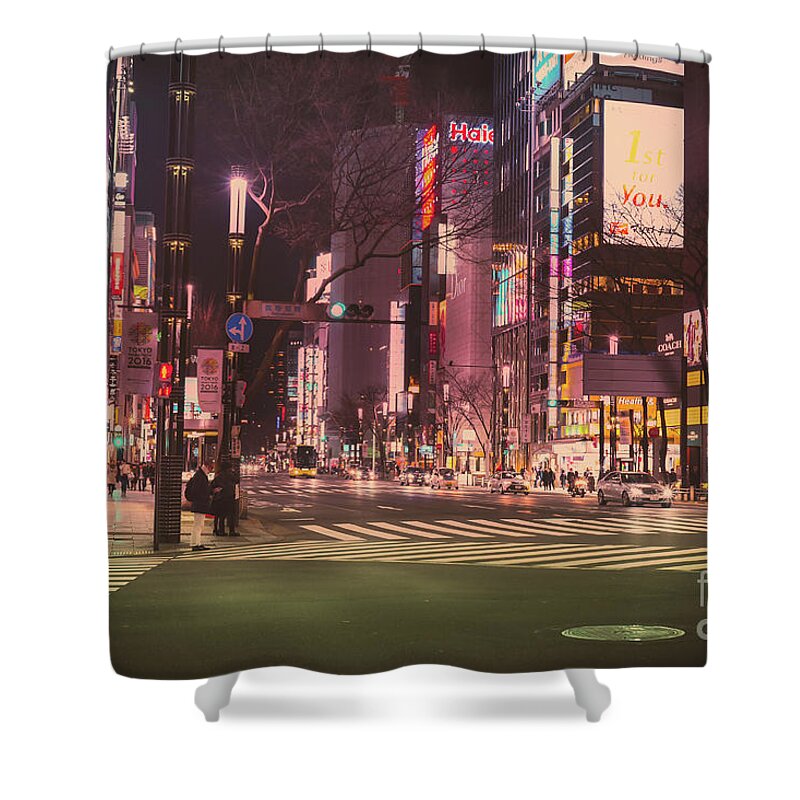Tokyo Shower Curtain featuring the photograph Tokyo Street at Night, Japan by Perry Rodriguez