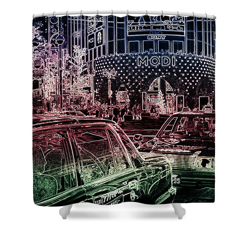 People Shower Curtain featuring the photograph Neon Tokyo Taxis, Japan by Perry Rodriguez