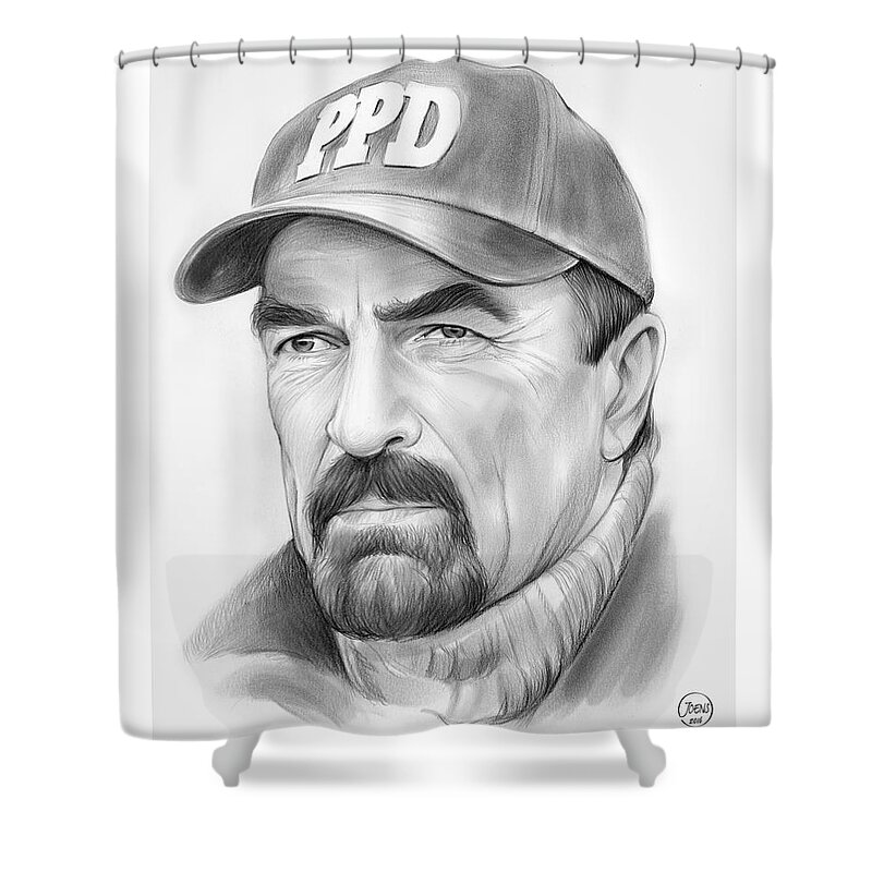 Tom Selleck Shower Curtain featuring the drawing Tom Selleck by Greg Joens