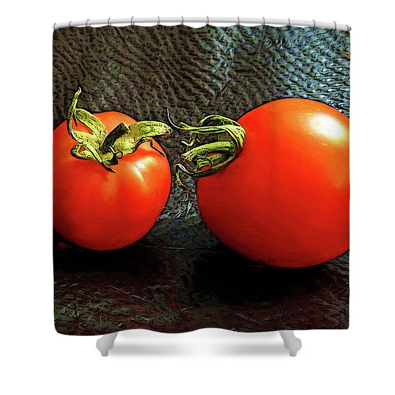Tomatoes Shower Curtain featuring the digital art Tomato Conversation by Gary Olsen-Hasek