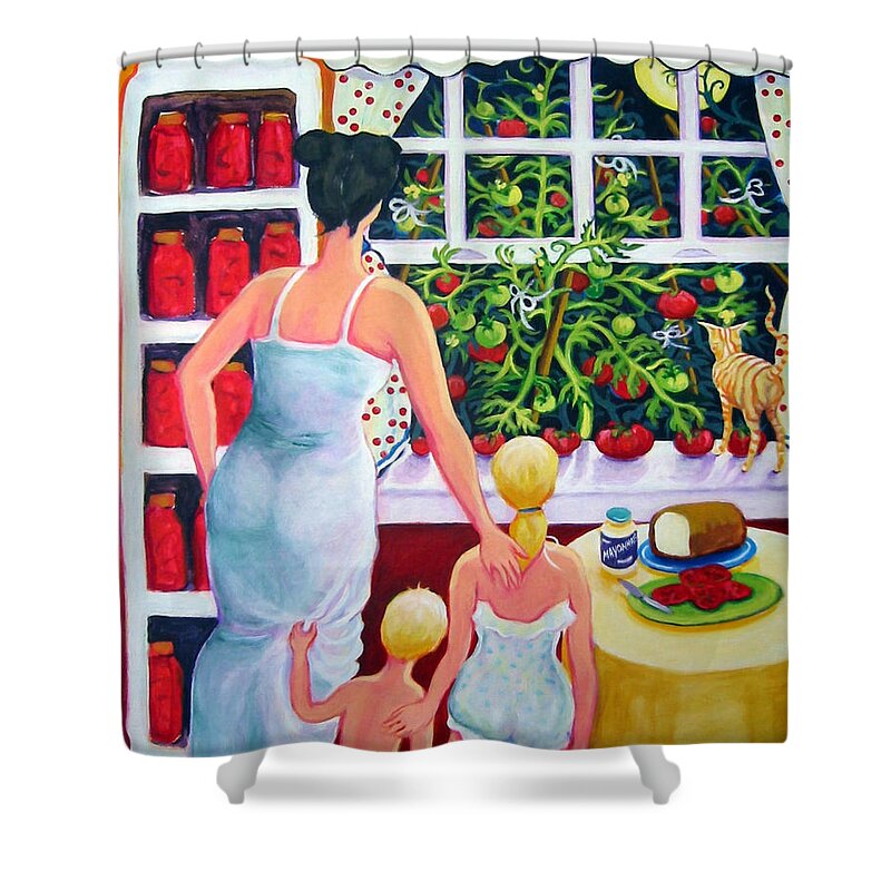 Rebecca Korpita Shower Curtain featuring the painting Tomato - Materphobia by Rebecca Korpita