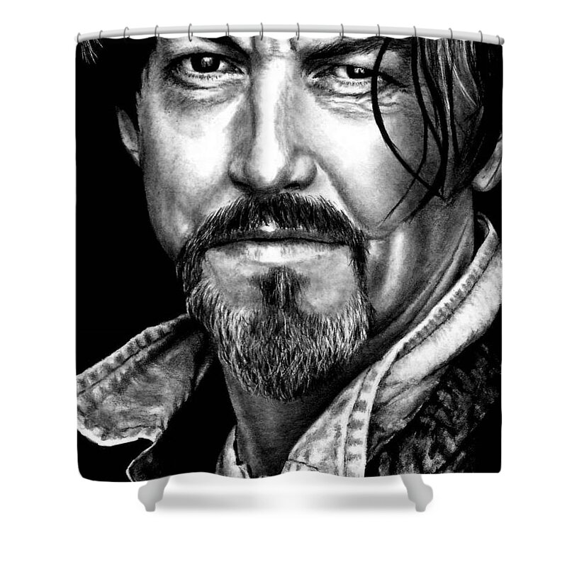 Tommy Flanagan Shower Curtain featuring the drawing Tommy Flanagan as Chibs Telford by Rick Fortson
