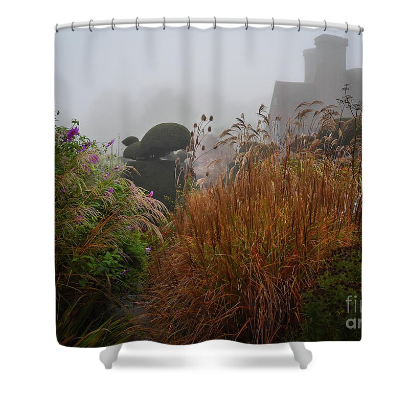 Topiary Shower Curtain featuring the photograph Topiary Peacocks in the Autumn Mist, Great Dixter 2 by Perry Rodriguez