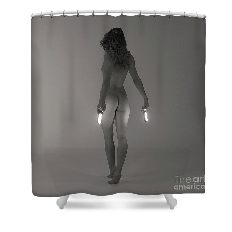 Woman Shower Curtain featuring the photograph Torch lit behind by Clayton Bastiani