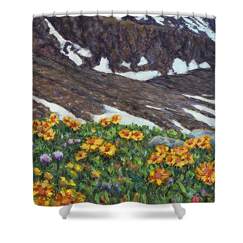 Colorado Shower Curtain featuring the painting Torrey's Peak in Spring by James W Johnson