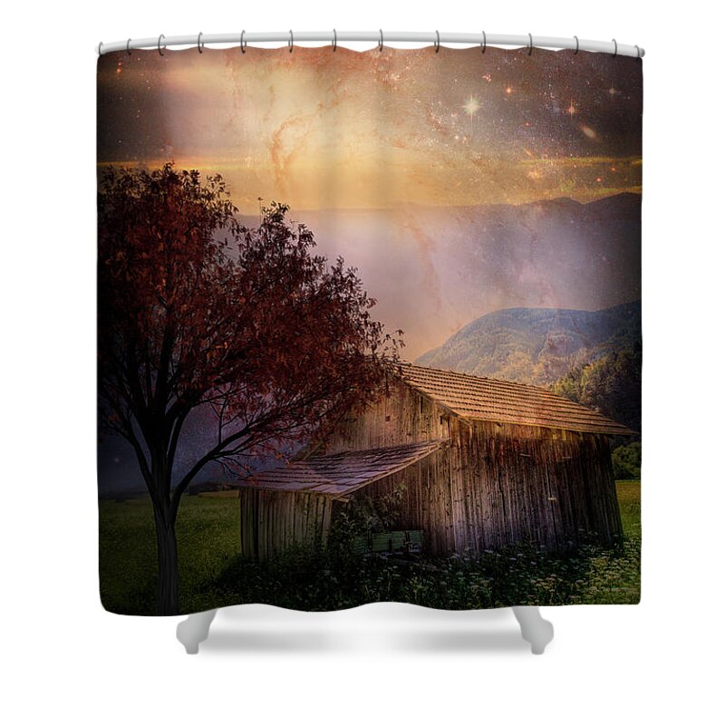 Appalachia Shower Curtain featuring the photograph Total Eclipse of the Sun Barn Art by Debra and Dave Vanderlaan