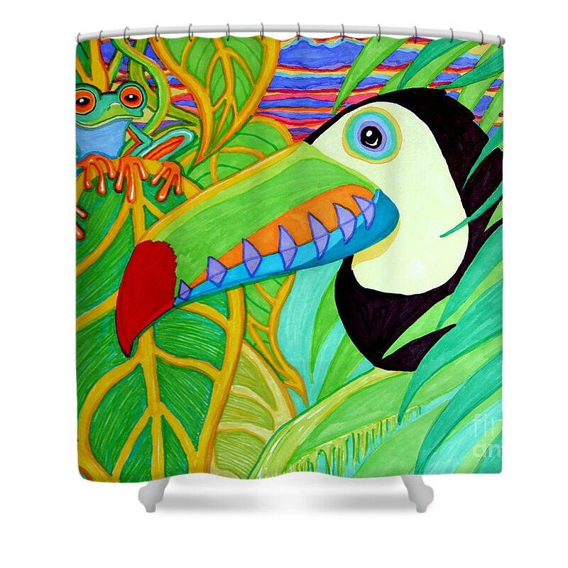 Red Eyed Tree Frogs Shower Curtain featuring the drawing Toucan and Red Eyed Tree Frog by Nick Gustafson