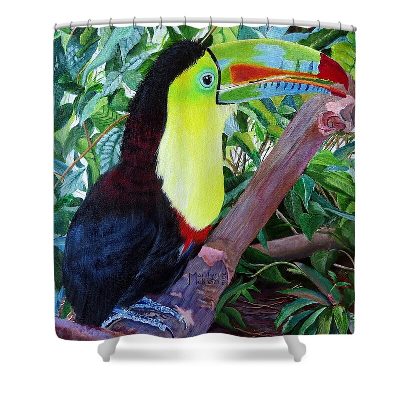 Keel-billed Toucan Shower Curtain featuring the painting Toucan Portrait 2 by Marilyn McNish