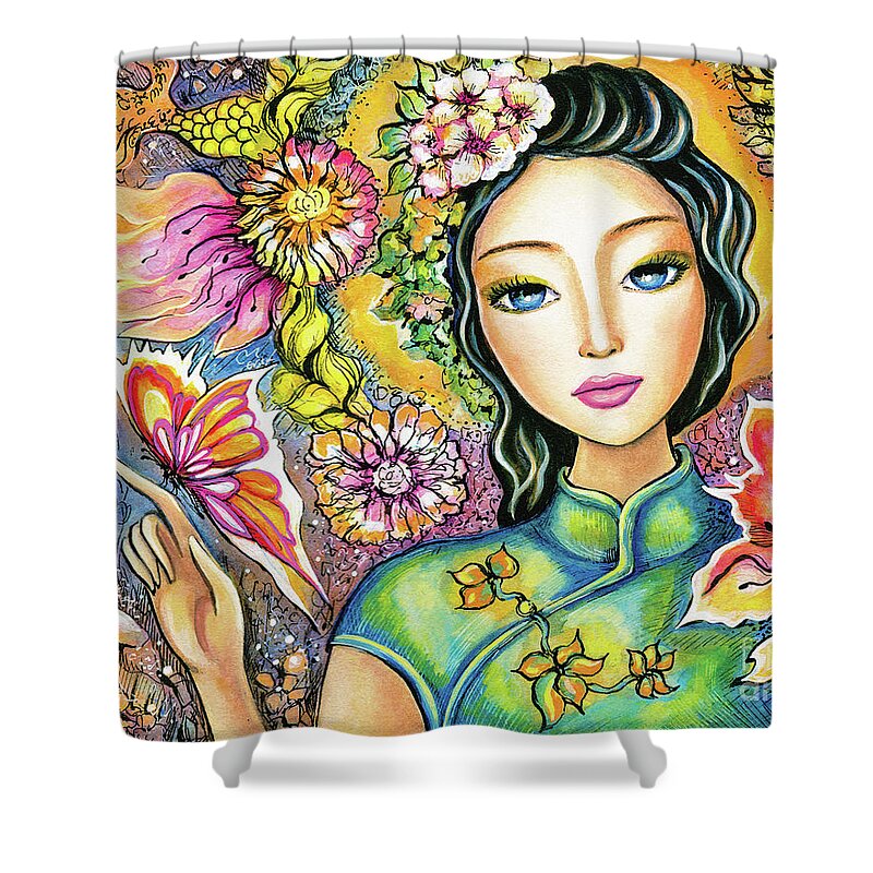 Asian Woman Shower Curtain featuring the painting Touching Reality by Eva Campbell