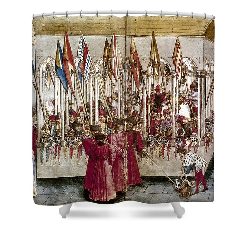 1460s Shower Curtain featuring the photograph Tournament: Helmets by Granger