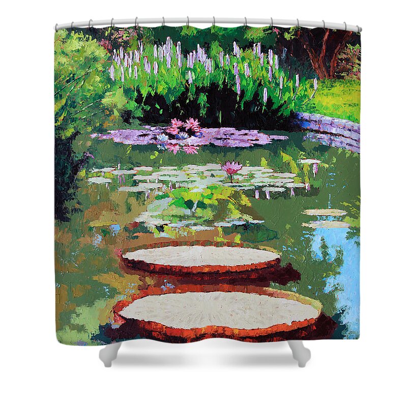 Garden Pond Shower Curtain featuring the painting Tower Grove Park by John Lautermilch