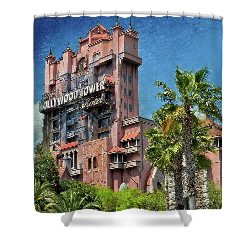 Castle Shower Curtain featuring the photograph Tower Of Terror Disney World Textured Sky MP by Thomas Woolworth