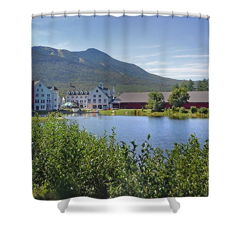 Waterville Valley Shower Curtain featuring the photograph Town Square by the Pond at Waterville Valley by Nancy Griswold