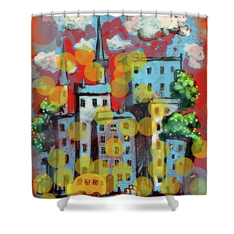 Town Shower Curtain featuring the painting Town with a school bus by Maxim Komissarchik