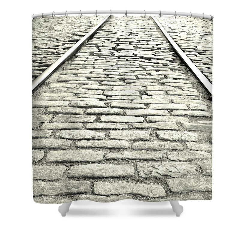 Rails Shower Curtain featuring the photograph Tracks In The Road by Gary Smith