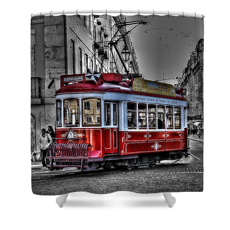 Tram Shower Curtain featuring the photograph Traditional Red tram in Lisbon by Aleksandra B