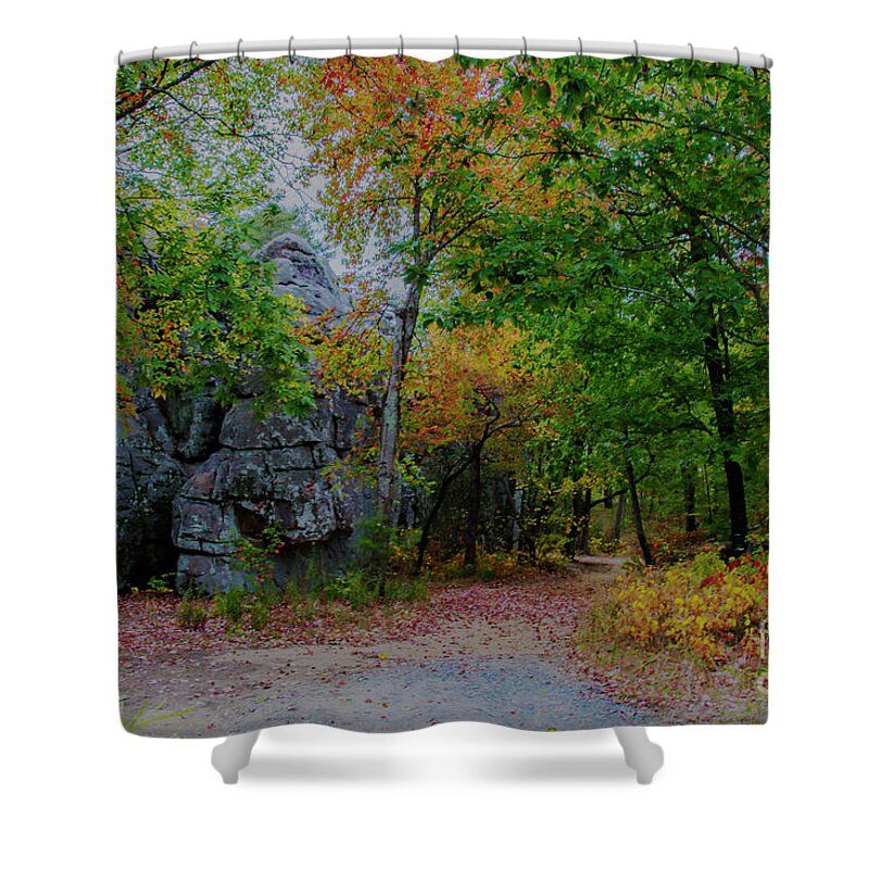 Fall Colors Shower Curtain featuring the photograph Trail past Indian Face Rock by Barbara Bowen