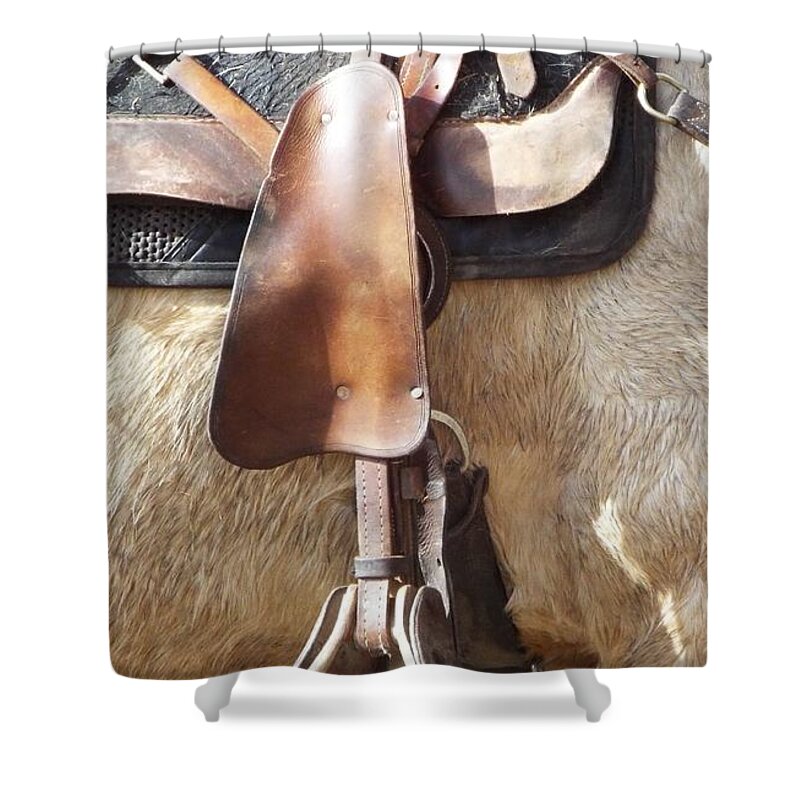 Horse Shower Curtain featuring the photograph Trail Tack by Caryl J Bohn