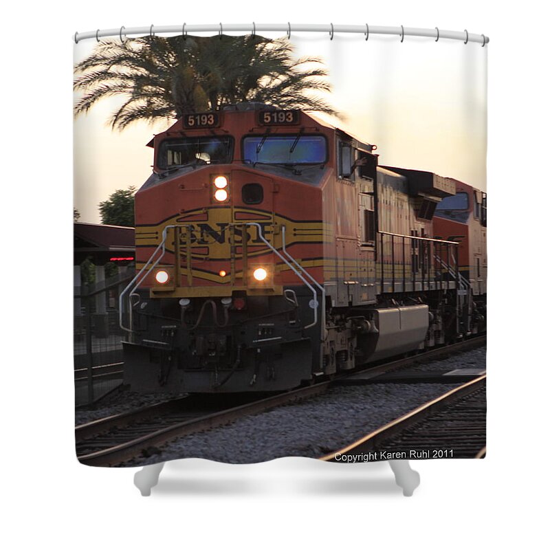Train Shower Curtain featuring the photograph Train at sunset by Karen Ruhl