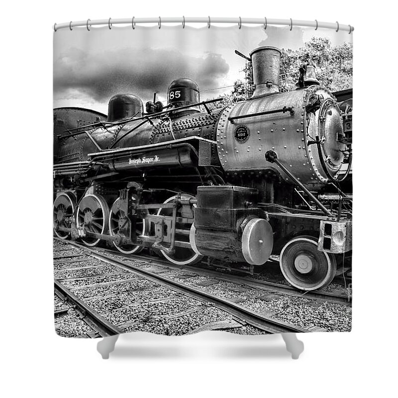 Paul Ward Shower Curtain featuring the photograph Train - Steam Engine Locomotive 385 in black and white by Paul Ward