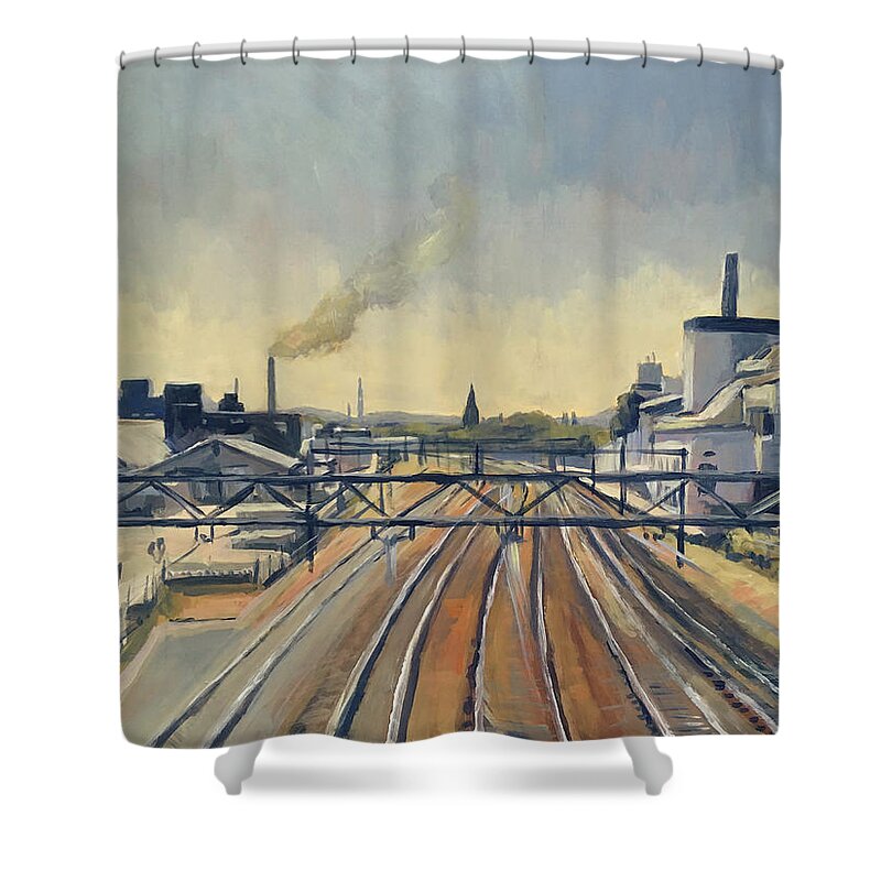 Train Shower Curtain featuring the painting Train tracks Maastricht by Nop Briex