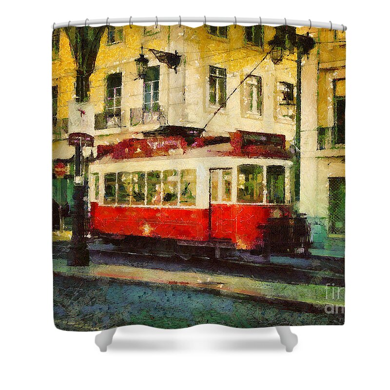 Painting Shower Curtain featuring the painting Tram in Lisbon by Dimitar Hristov