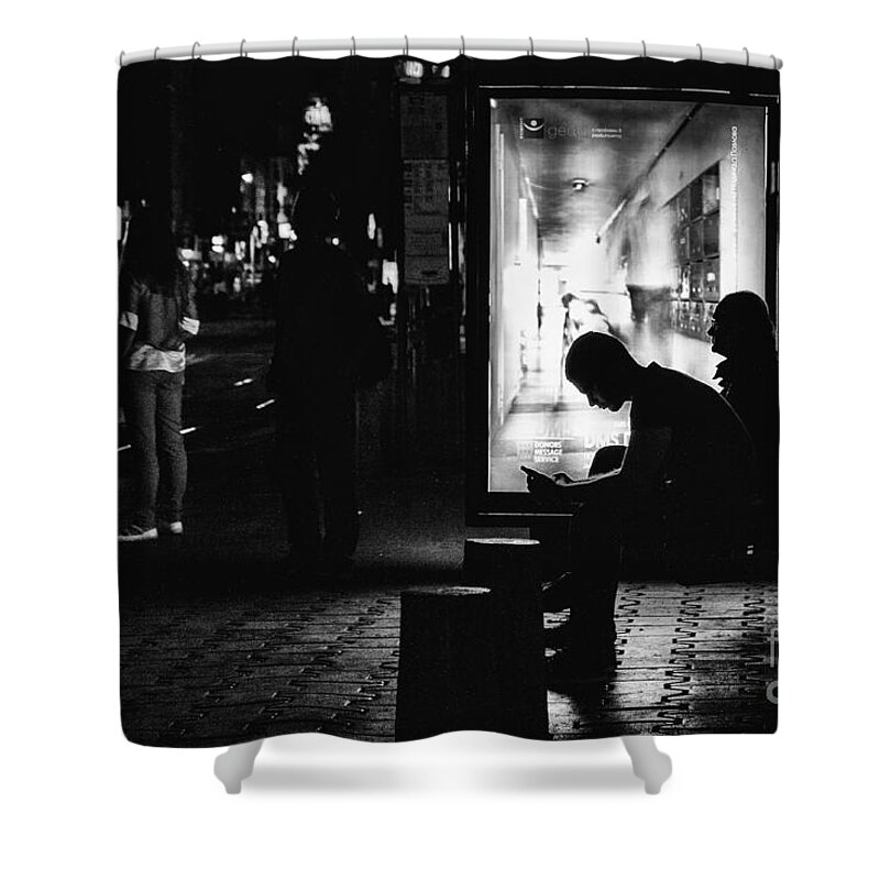 Bulgaria Shower Curtain featuring the photograph Tram station silhouettes by Jivko Nakev