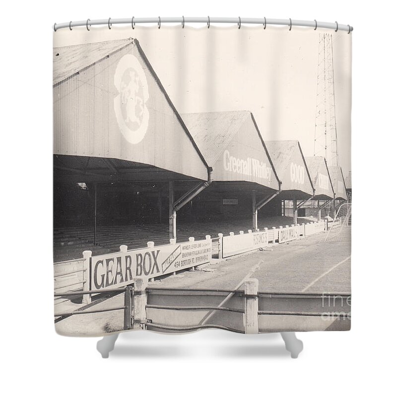  Shower Curtain featuring the photograph Tranmere Rovers - Prenton Park - Cowshed 1 - BW - 1967 by Legendary Football Grounds