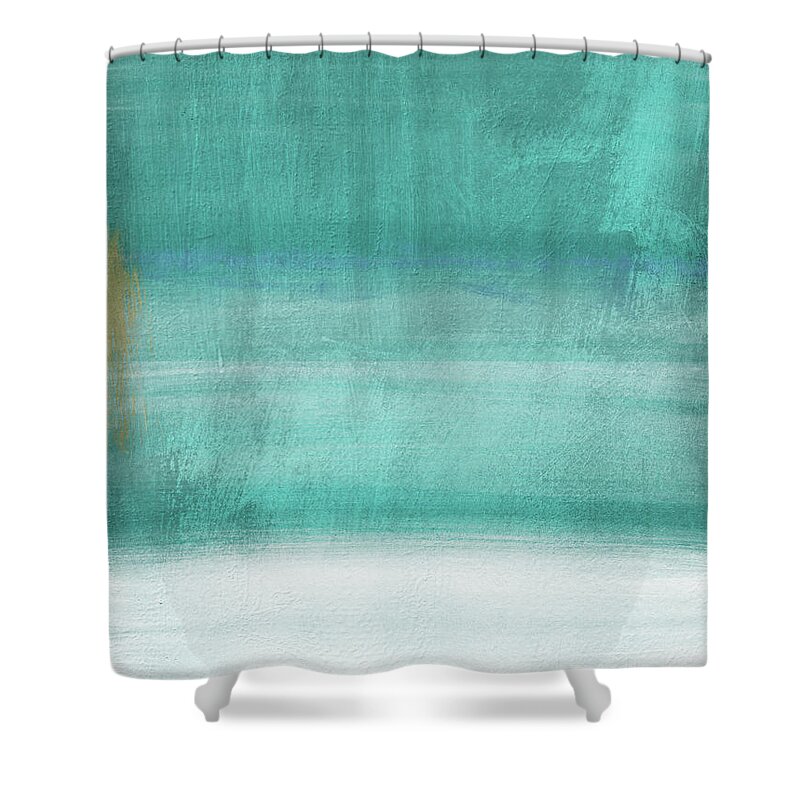 Abstract Shower Curtain featuring the mixed media Tranquil Horizon- Art by Linda Woods by Linda Woods