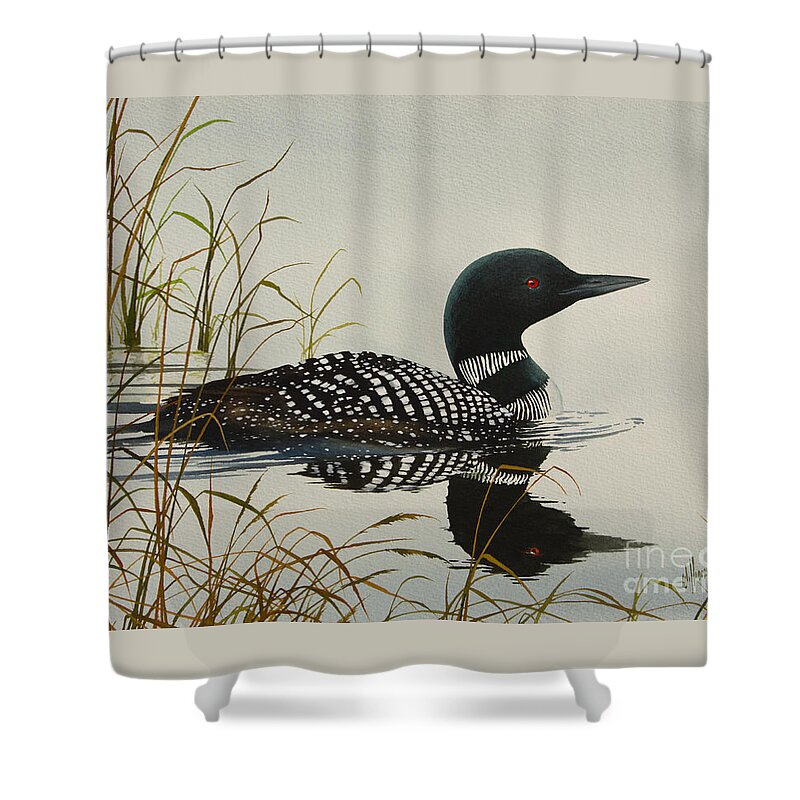 Loon Shower Curtain featuring the painting Tranquil Stillness of Nature by James Williamson
