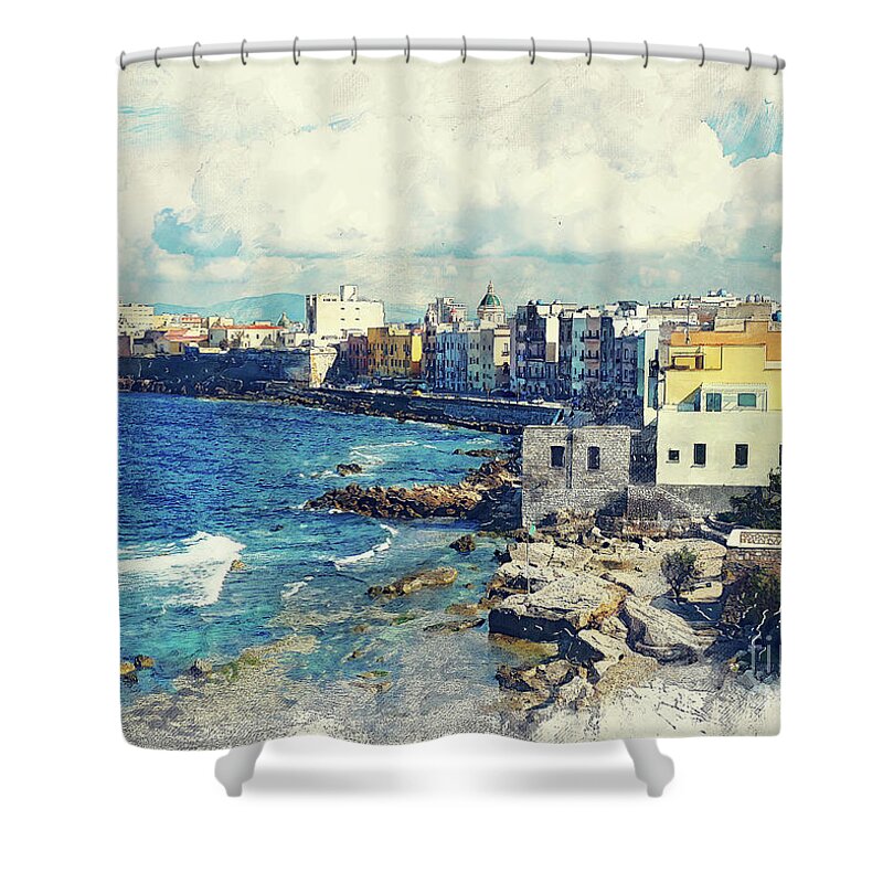 Trapani Shower Curtain featuring the painting Trapani art 19 Sicily by Justyna Jaszke JBJart