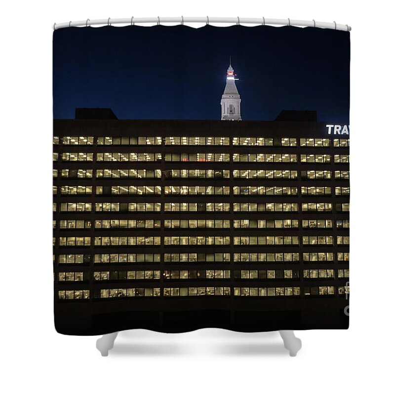 Architecture Shower Curtain featuring the photograph Travelers Insurance Company at Night by Thomas Marchessault