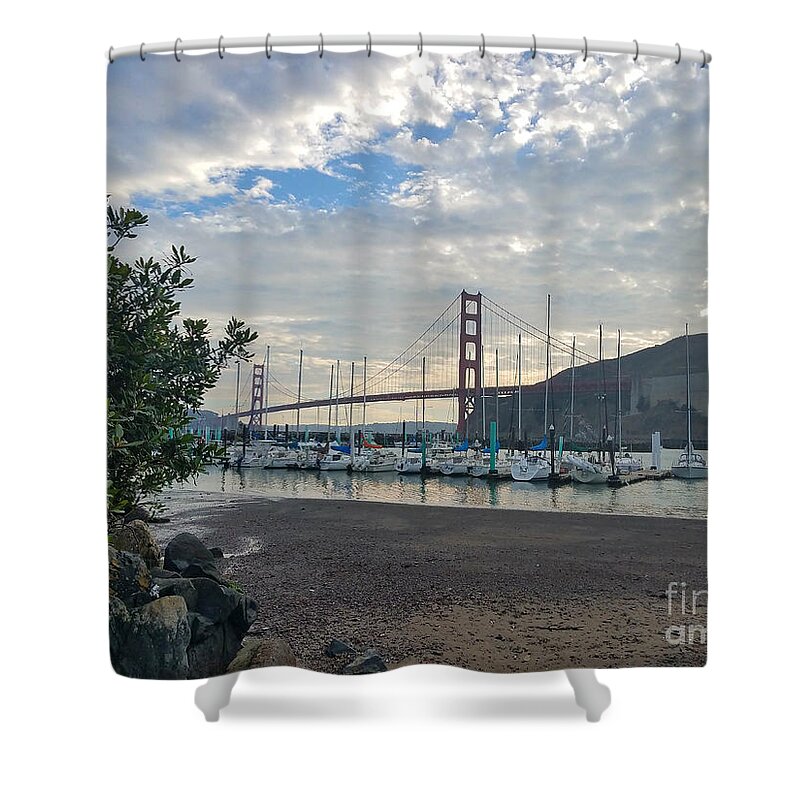 Travis Marina Shower Curtain featuring the photograph Travis Marina Golden Gate Bridge by Artist Linda Marie
