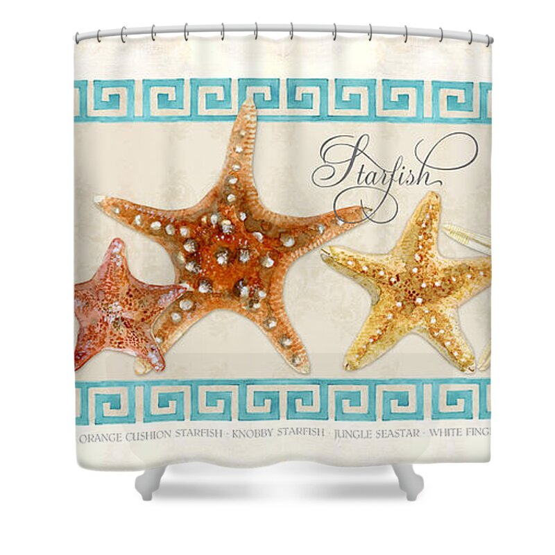 Orange Cushion Starfish Shower Curtain featuring the painting Treasures From the Sea - The Chorus Line by Audrey Jeanne Roberts
