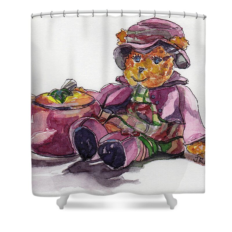 Charming Bear Shower Curtain featuring the painting Treasures in Pink by Julie Maas