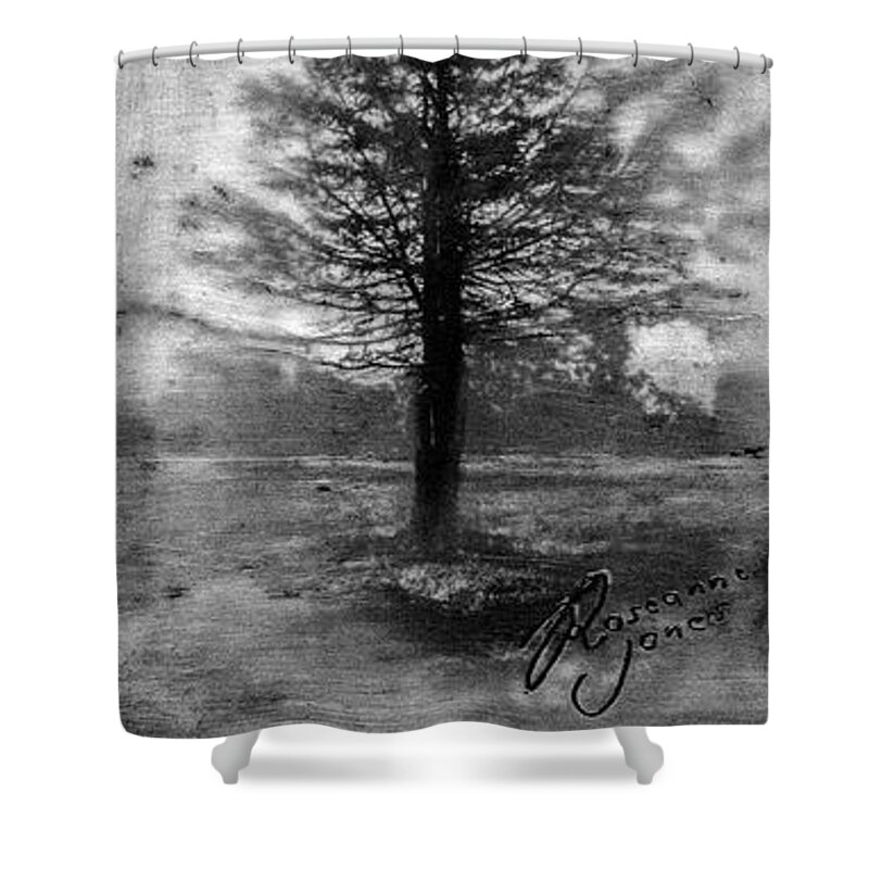 Encaustic Shower Curtain featuring the mixed media Tree Mist by Roseanne Jones